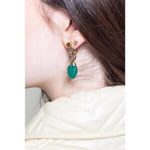 Cartier Carved Chrysoprase, Diamond + Gold Drop Clip-on Earrings